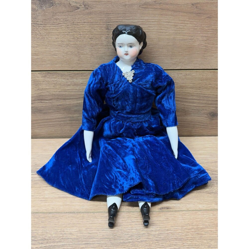 Vintage China Doll Head & Shoulder & Limbs Cloth Body 15” Blue Dress